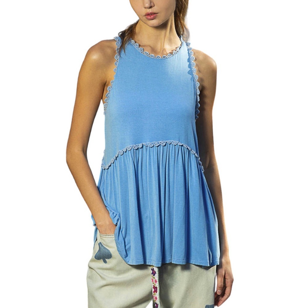 POL Flowy Baby Doll Racerback Tank Top Women’s Medium Slate Blue Crochet Trim